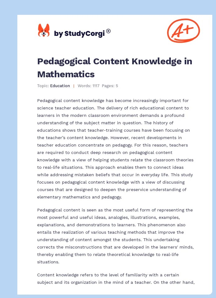 Pedagogical Content Knowledge in Mathematics Free Essay Example