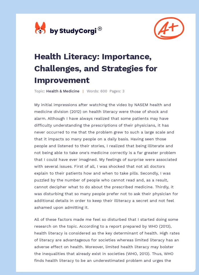 Health Literacy Importance and Impact on People's Health Status Free