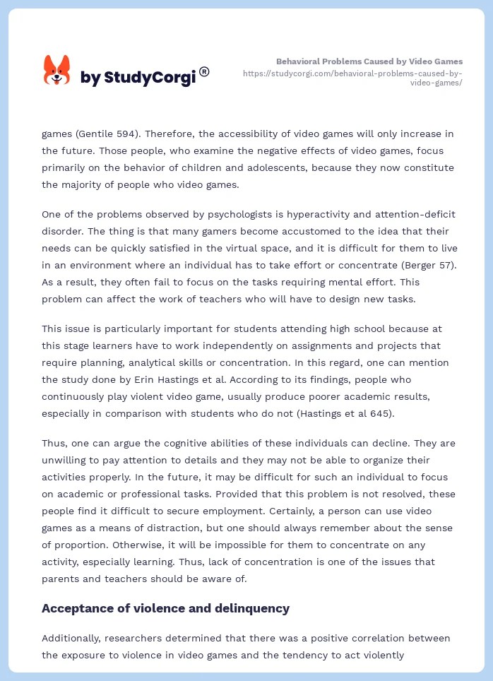 Behavioral Problems Caused by Video Games Free Essay Example