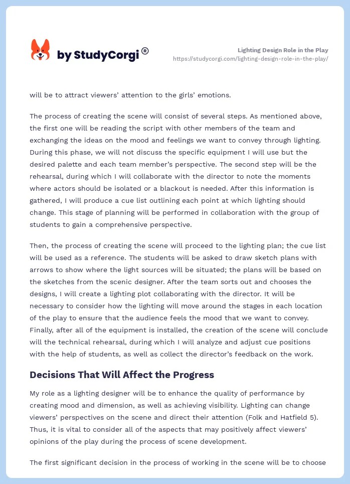 Lighting Design Role in the Play Free Essay Example