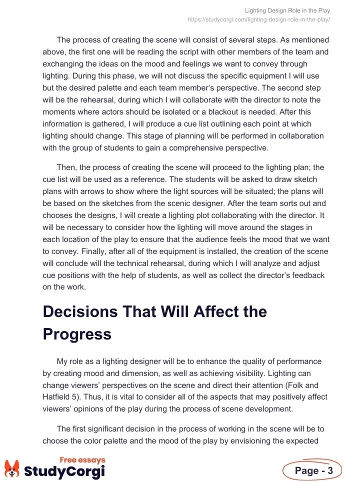 Lighting Design Role in the Play Free Essay Example