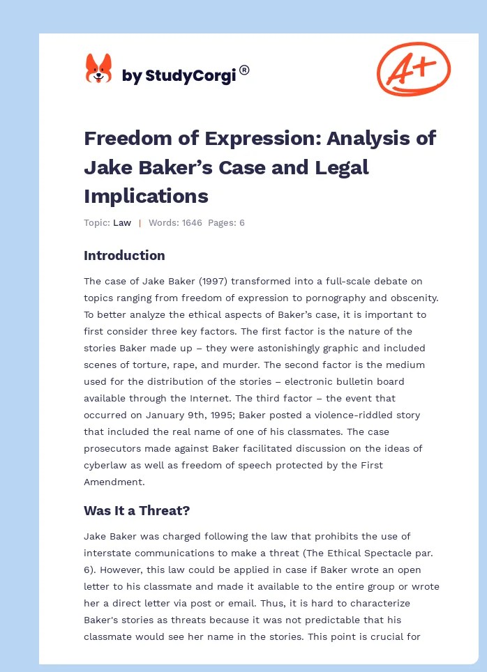 Freedom of Expression Jake Baker's Case Free Essay Example