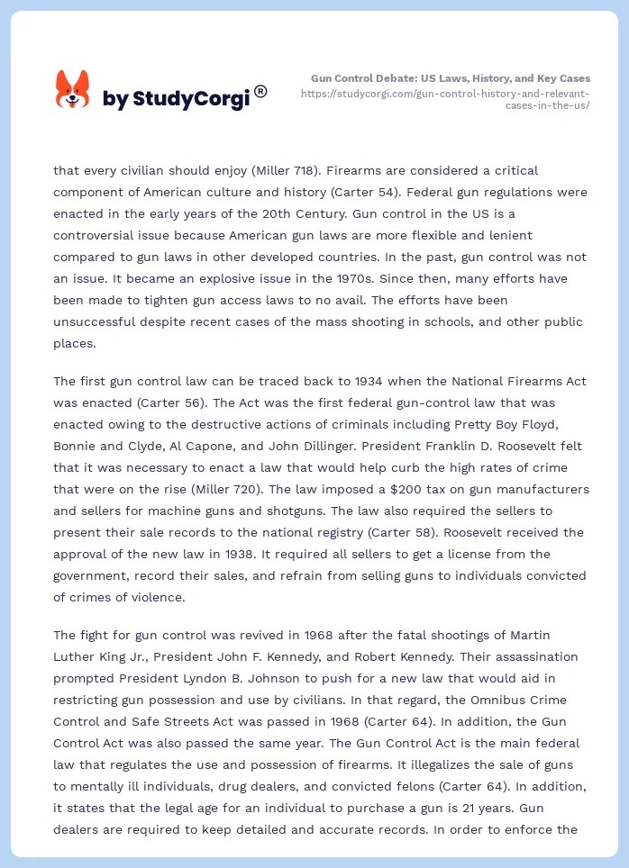 Gun Control History and Relevant Cases in the US Free Essay Example