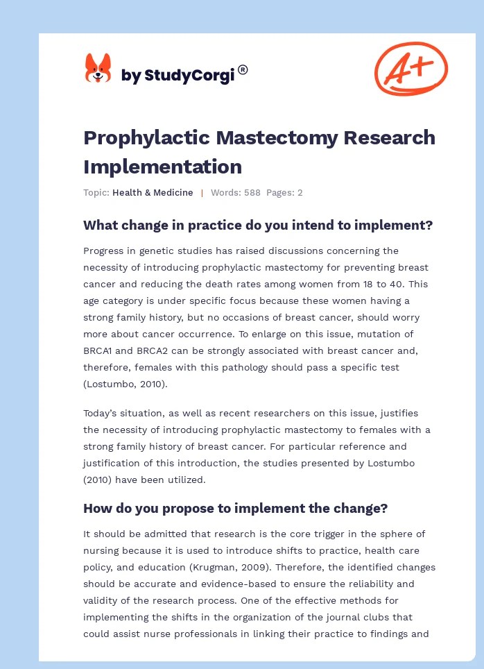 Prophylactic Mastectomy Research Implementation Free Essay Example