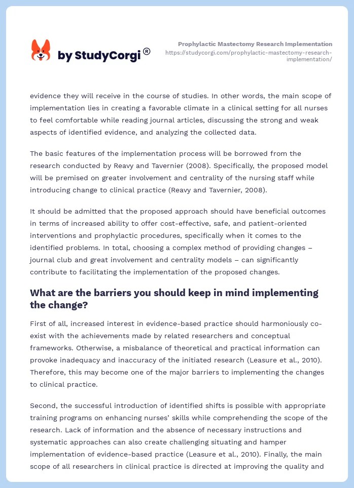 Prophylactic Mastectomy Research Implementation Free Essay Example