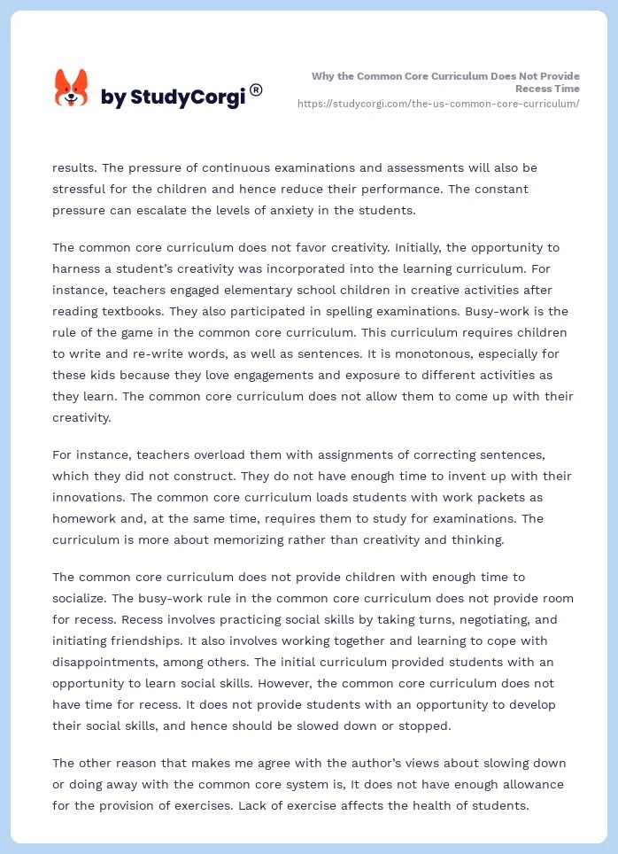 The US Common Core Curriculum Free Essay Example