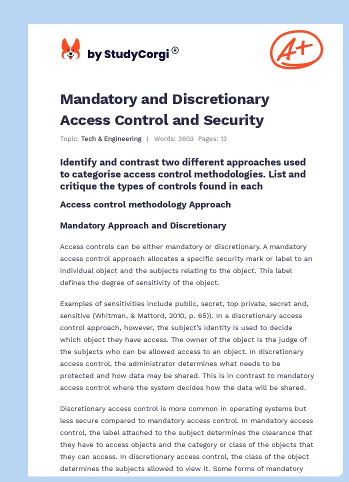 Mandatory and Discretionary Access Control and Security Free Essay