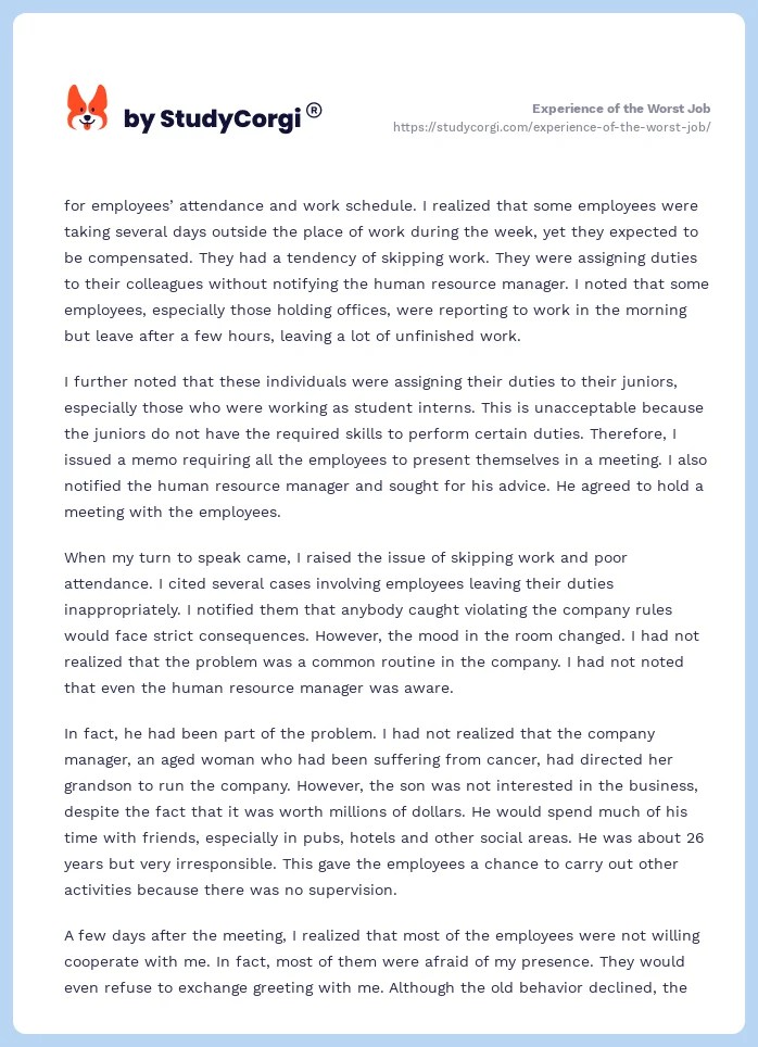 Experience of the Worst Job Free Essay Example