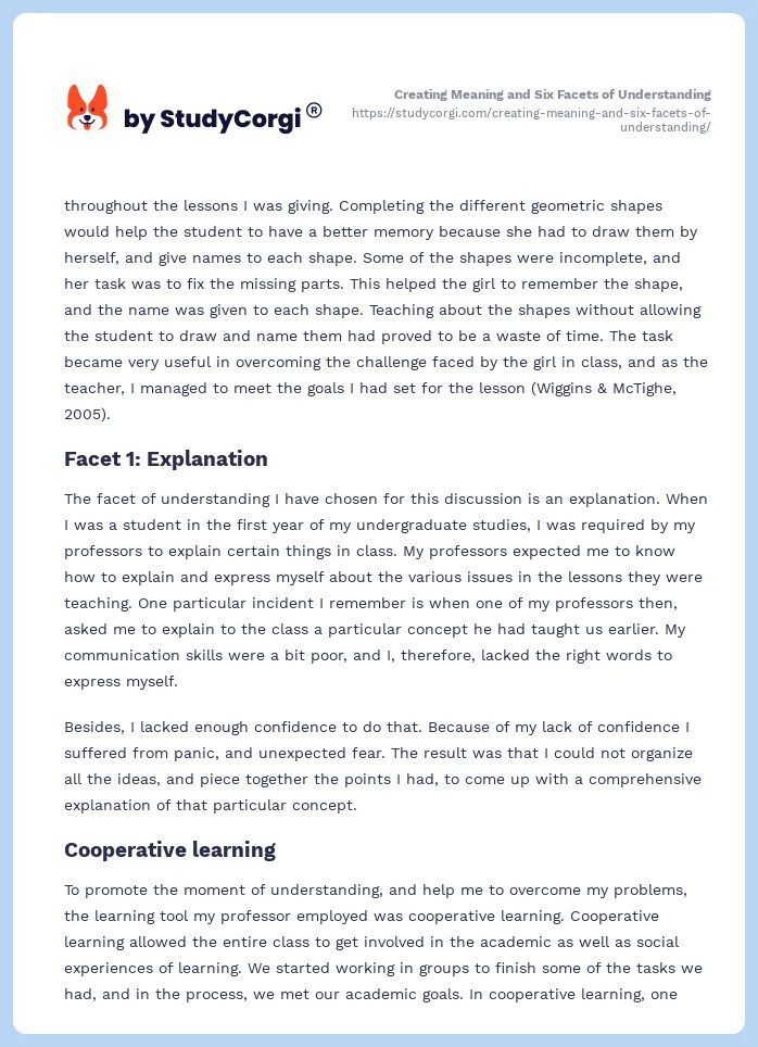 Creating Meaning and Six Facets of Understanding Free Essay Example