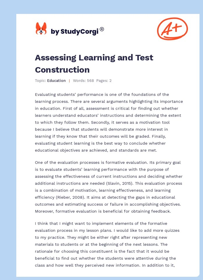 Assessing Learning and Test Construction Free Essay Example
