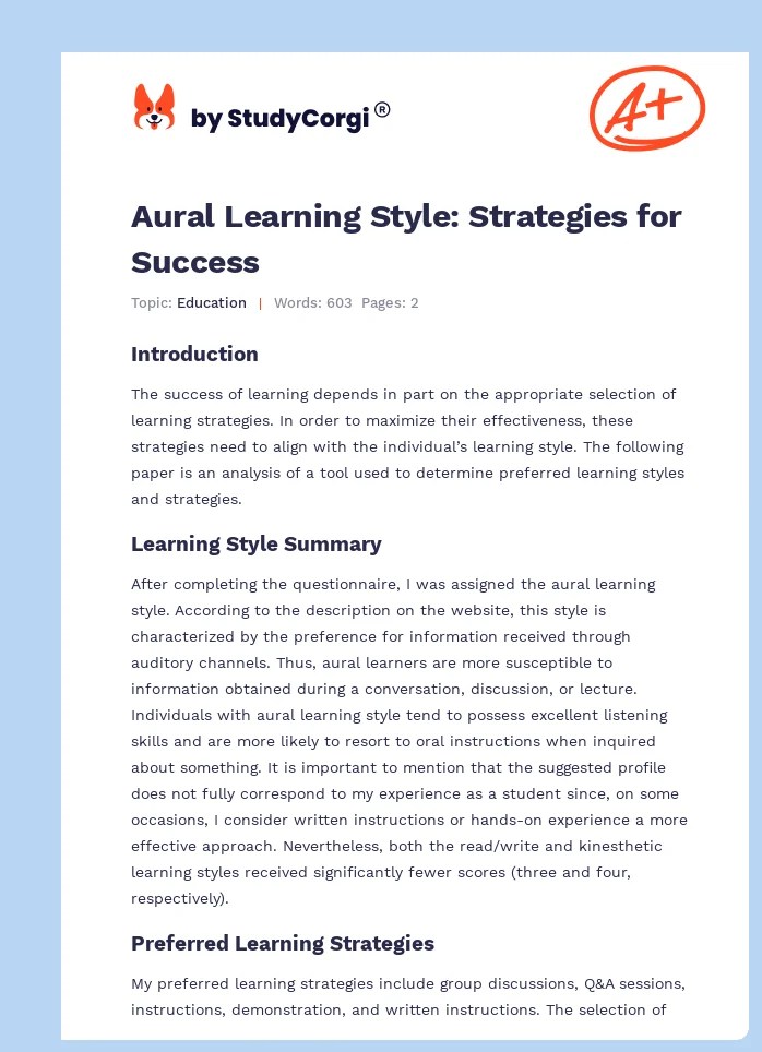 Learning Visual, Audio, Read & Write, Kinesthetic Free Essay Example