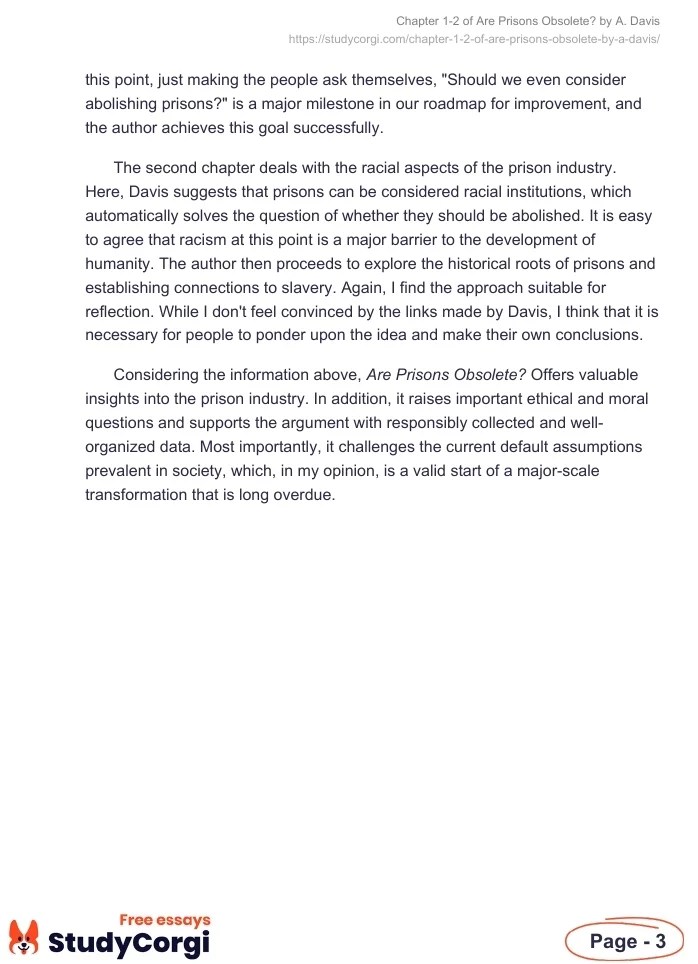 Chapter 12 of "Are Prisons Obsolete?" by A. Davis Free Essay Example