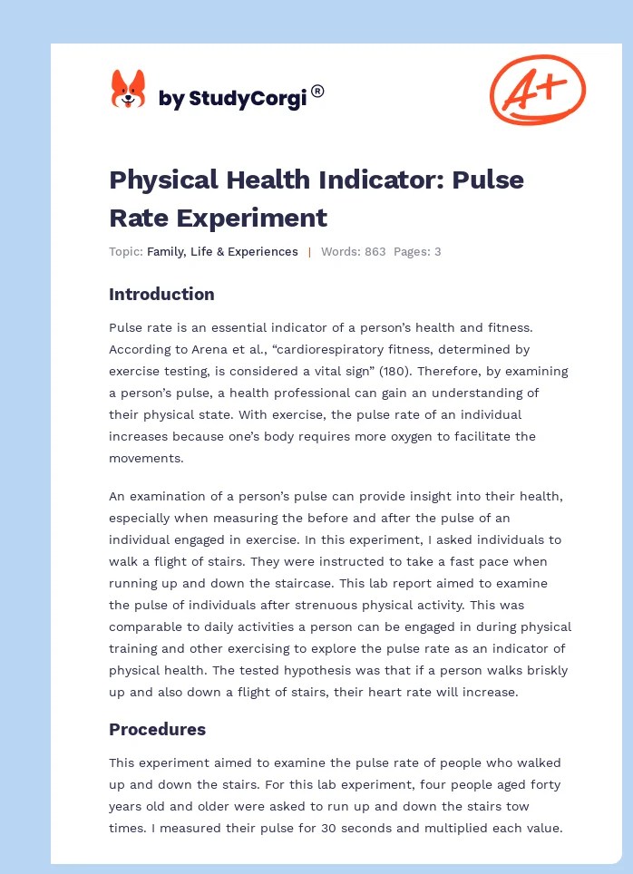 Physical Health Indicator Pulse Rate Experiment Free Essay Example