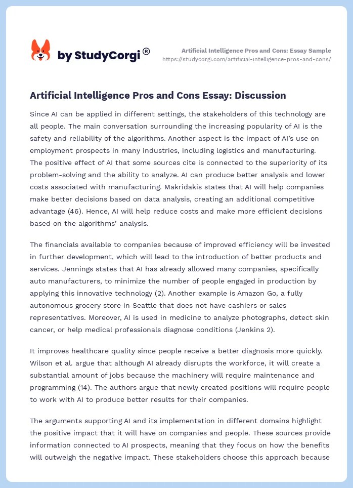 Artificial Intelligence Pros and Cons Essay Sample