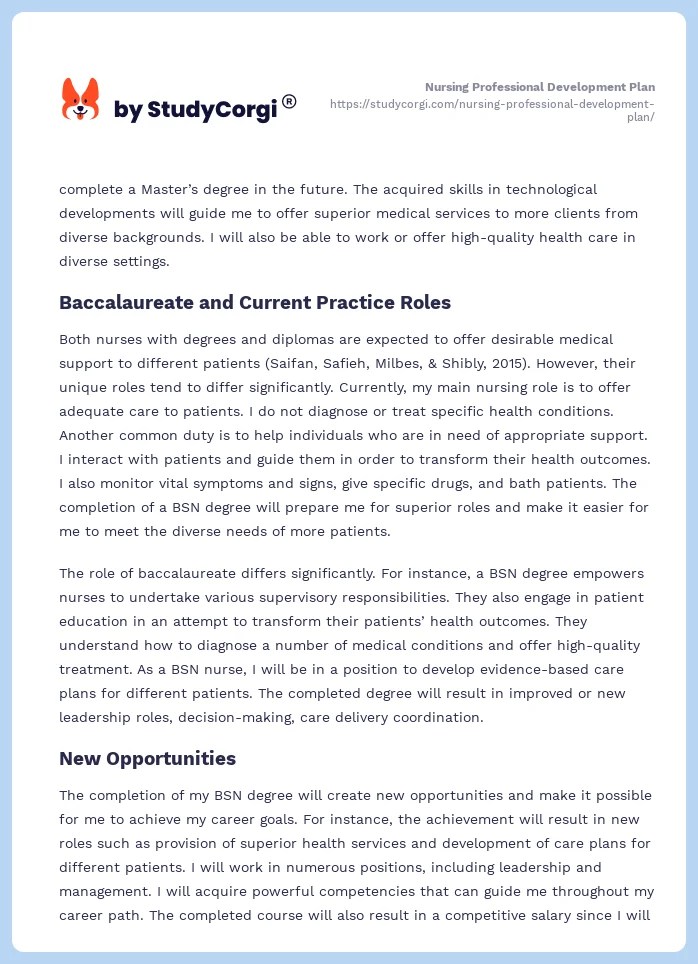 Nursing Professional Development Plan Free Essay Example