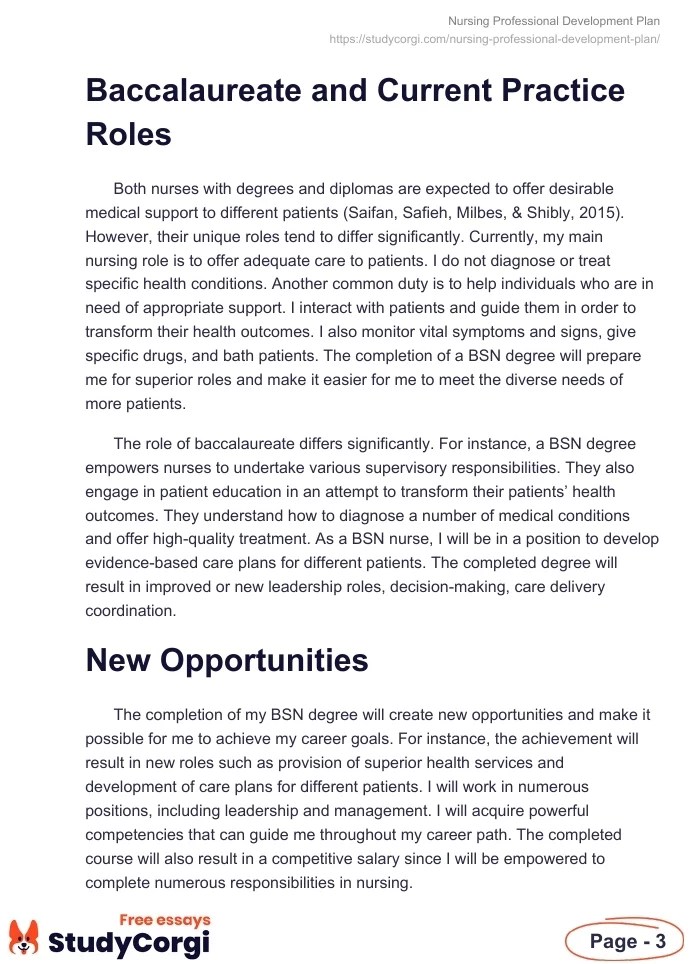 Nursing Professional Development Plan Free Essay Example