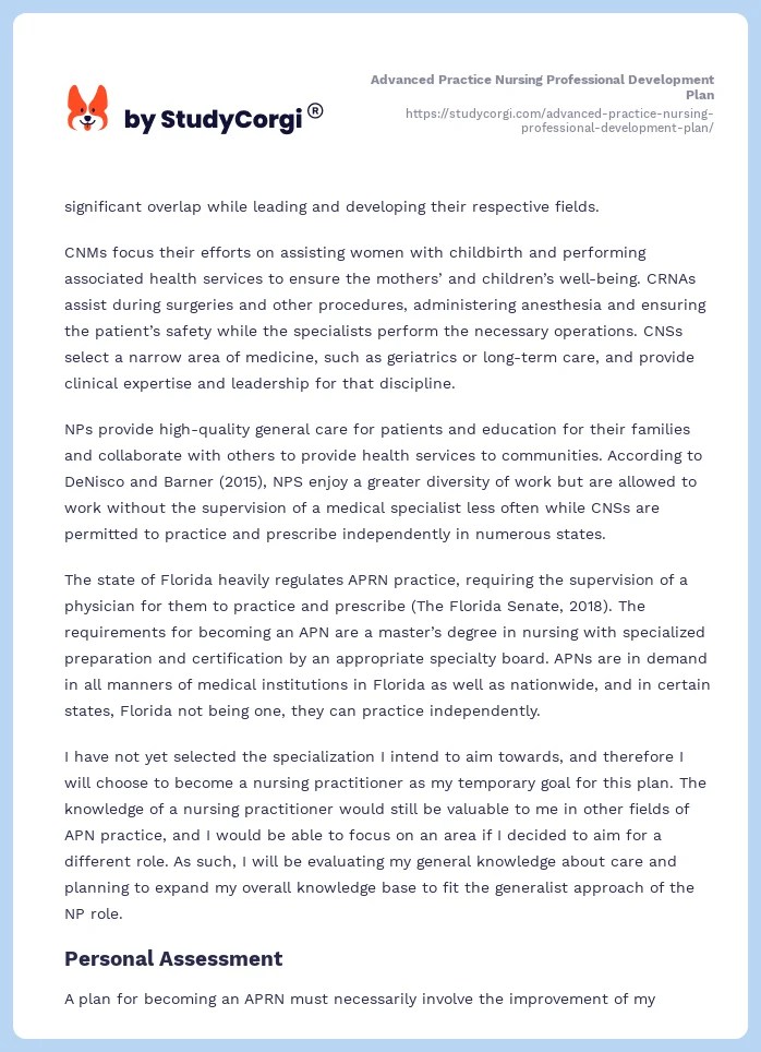 Advanced Practice Nursing Professional Development Plan Free Essay