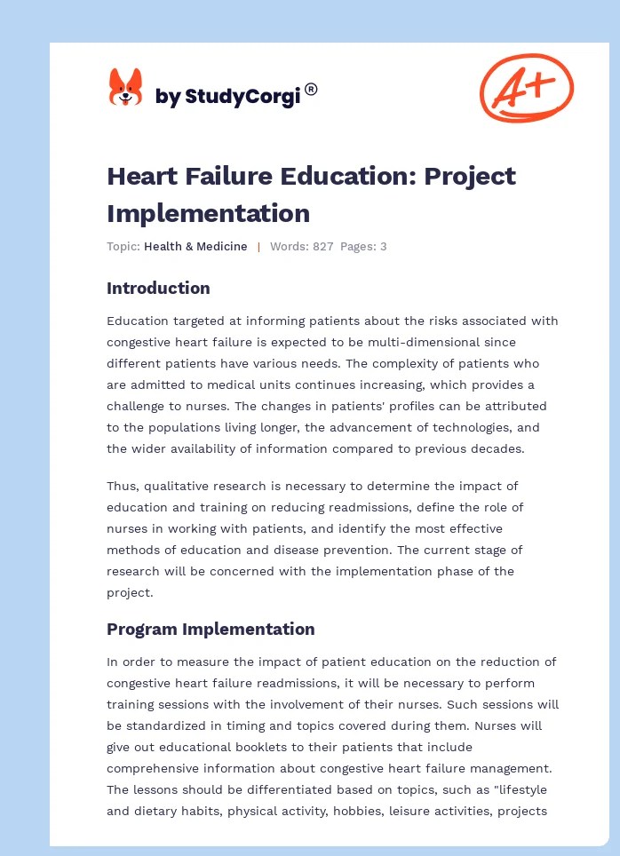 Heart Failure Education Project Implementation Free Essay Example