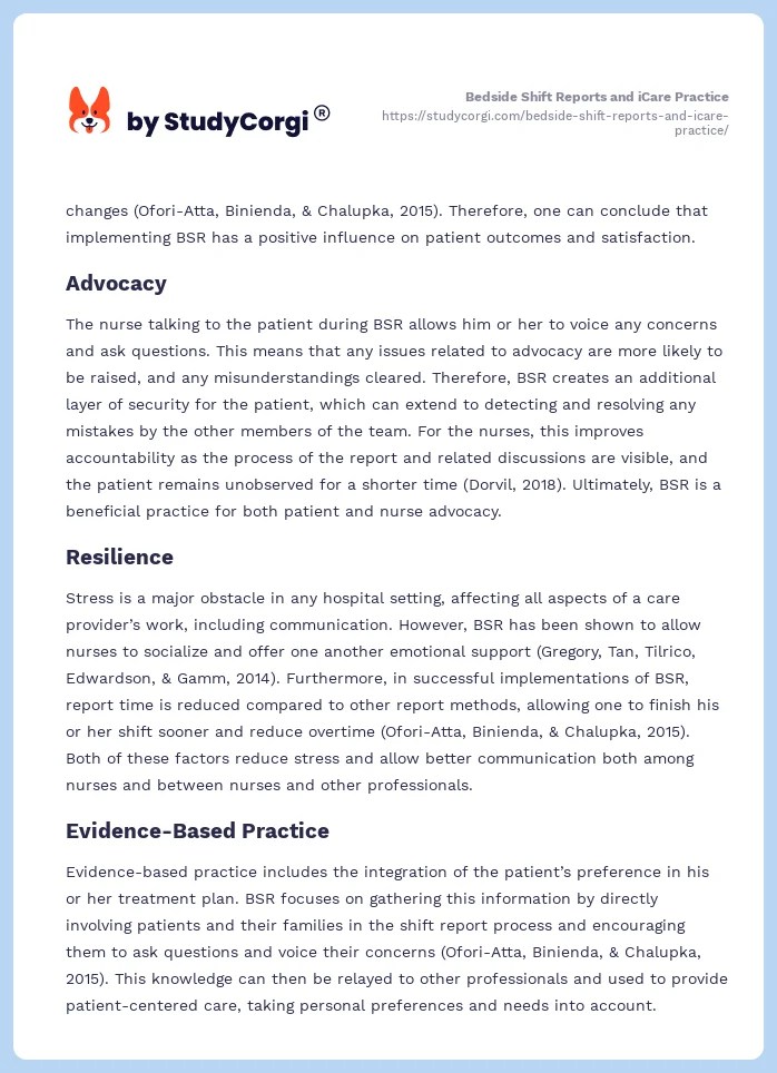 Bedside Shift Reports and iCare Practice Free Essay Example