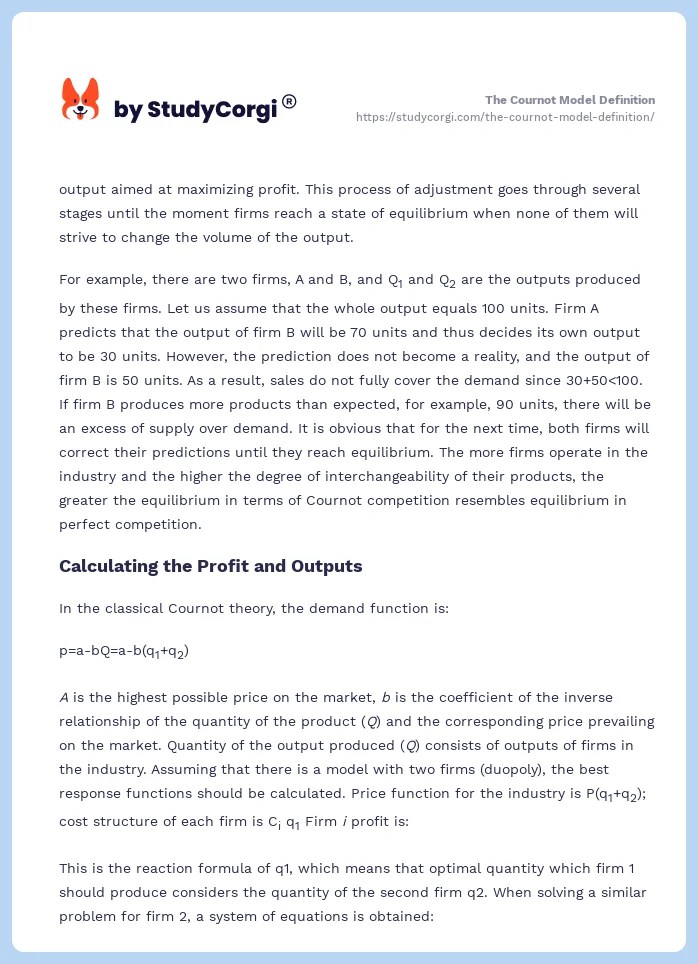 The Cournot Model Definition Free Essay Example