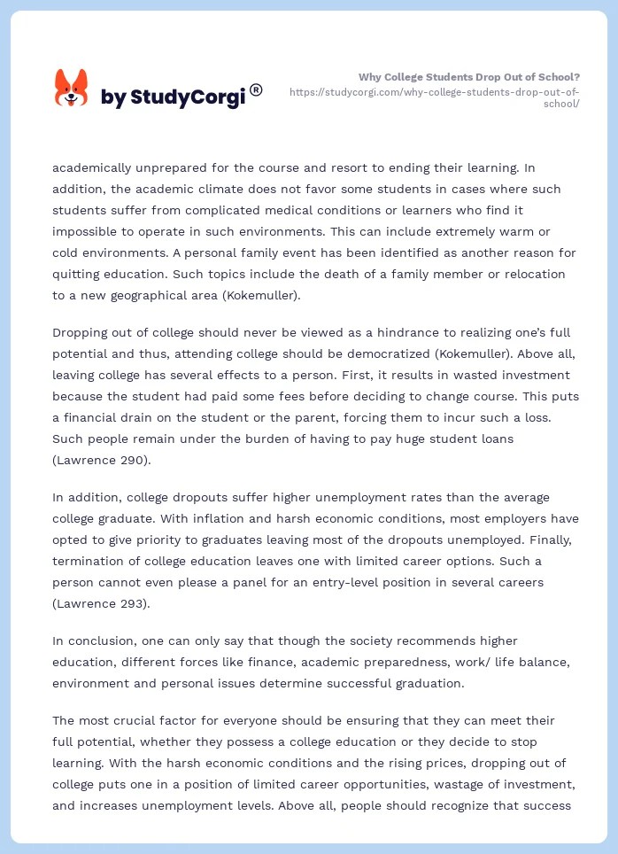 Why College Students Drop Out of School? Free Essay Example