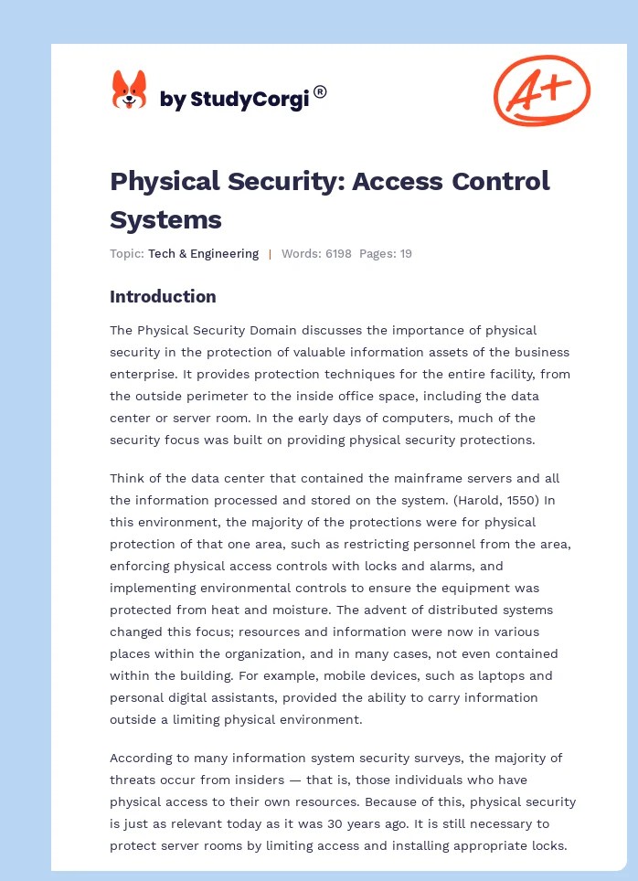 Physical Security Access Control Systems Free Essay Example