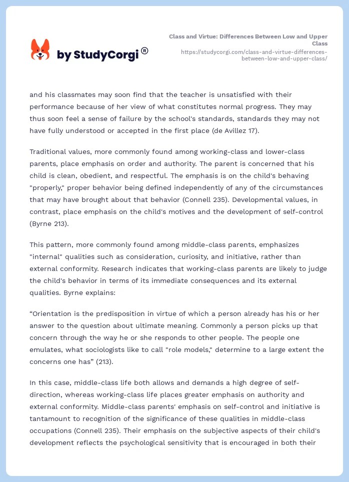 Class and Virtue Differences Between Low and Upper Class Free Essay