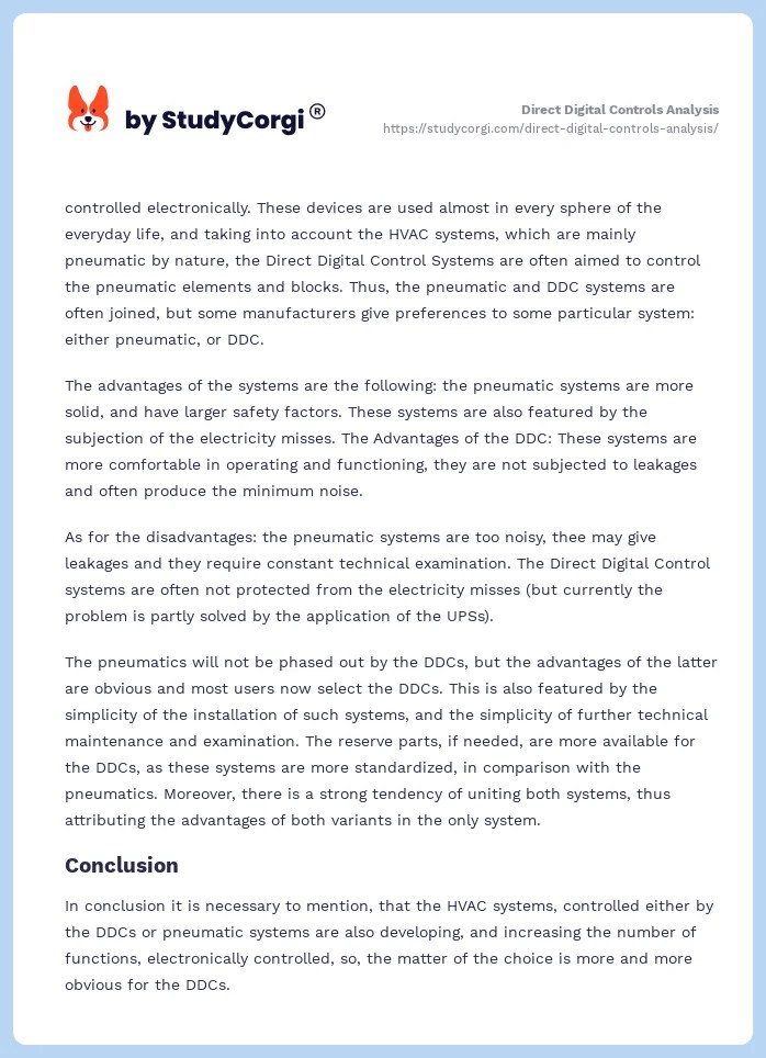 Direct Digital Controls Analysis Free Essay Example