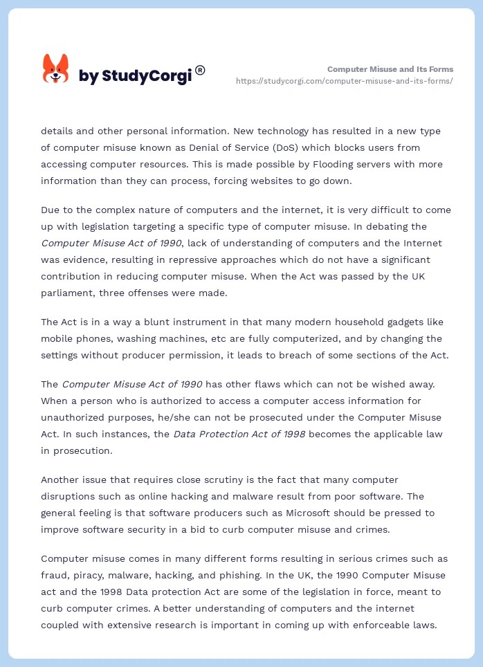 Computer Misuse and Its Forms Free Essay Example
