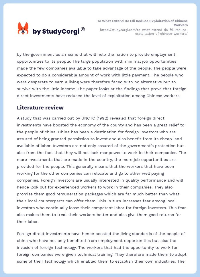 To What Extend Do Fdi Reduce Exploitation of Chinese Workers Free