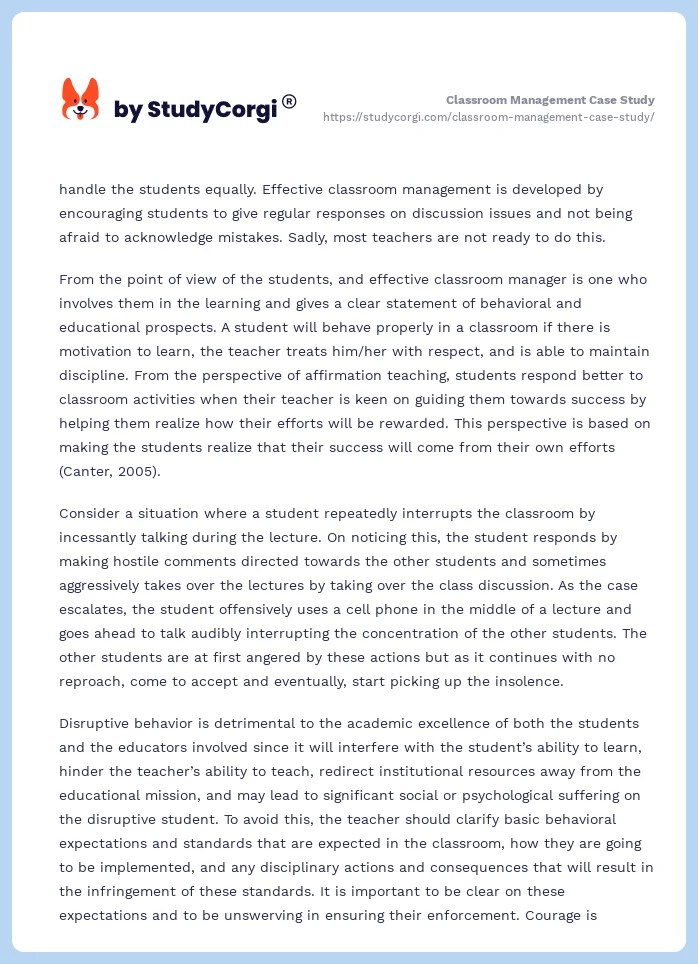 Classroom Management Case Study Free Essay Example