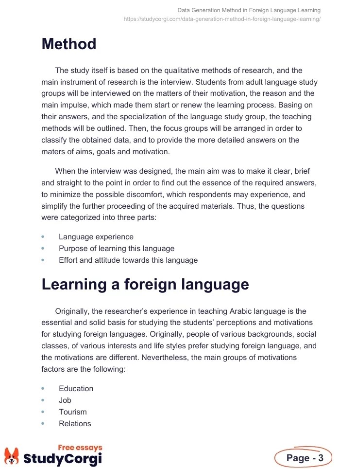 Data Generation Method in Foreign Language Learning Free Essay Example