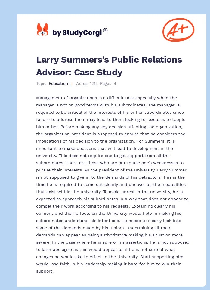 Larry Summers's Public Relations Advisor Case Study Free Essay Example