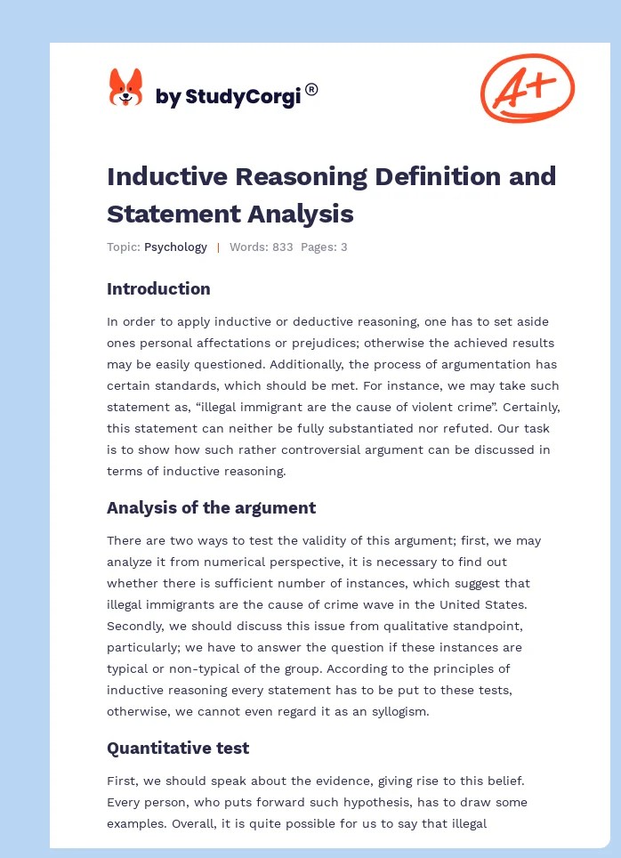 Inductive Reasoning Definition and Statement Analysis Free Essay Example