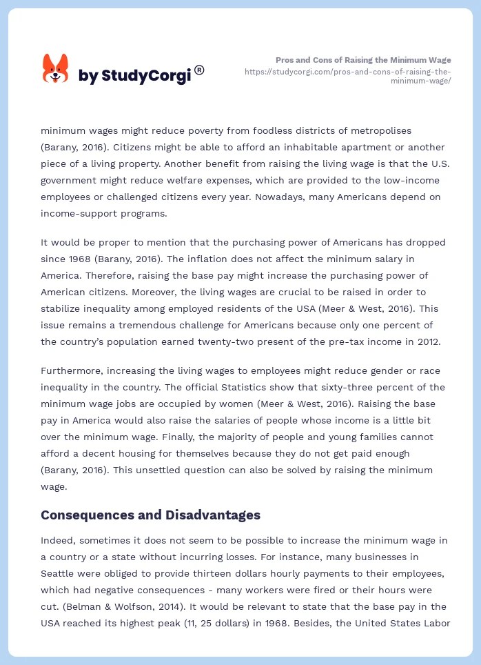 Pros and Cons of Raising the Minimum Wage Free Essay Example