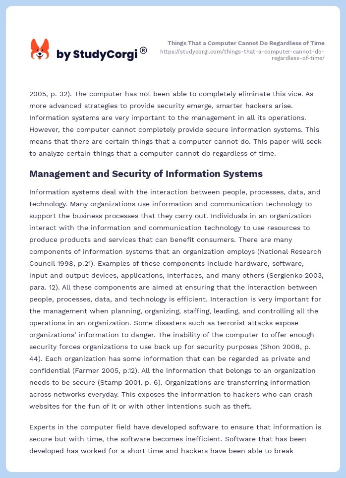 Things That a Computer Cannot Do Regardless of Time Free Essay Example