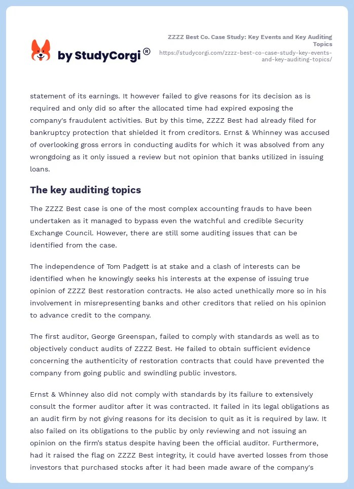 ZZZZ Best Co. Case Study Key Events and Key Auditing Topics Free