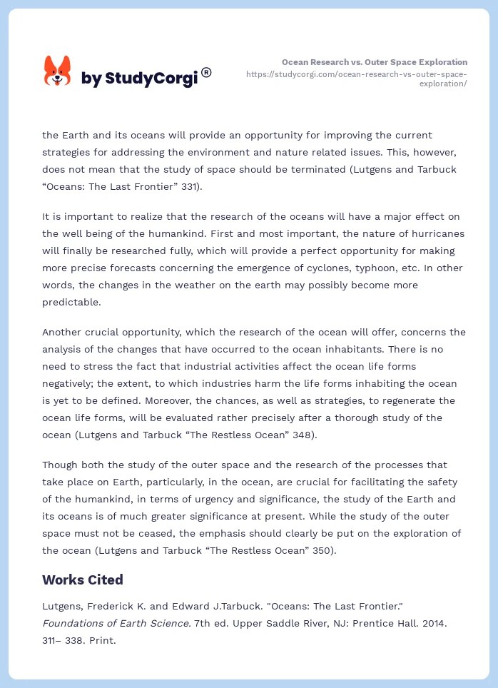 Ocean Research vs. Outer Space Exploration Free Essay Example