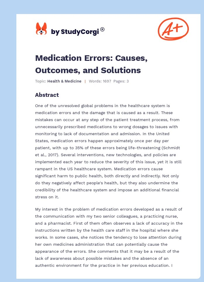 Medication Errors Causes, and Solutions Free Essay Example