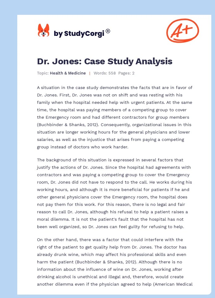 Dr. Jones Case Study Analysis Free Essay Example