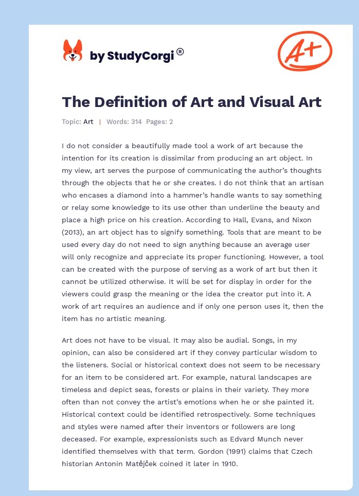 The Definition of Art and Visual Art Free Essay Example