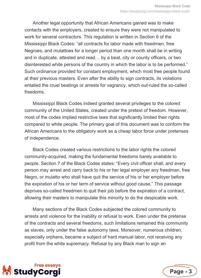 Mississippi Black Code Free Essay Example