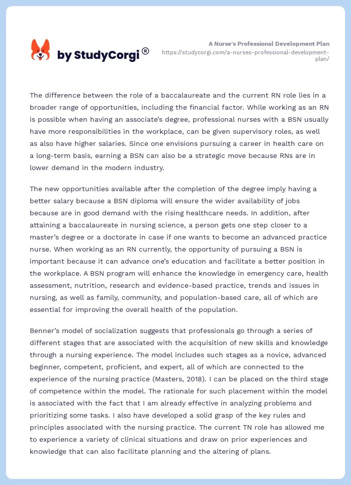 A Nurse's Professional Development Plan Free Essay Example