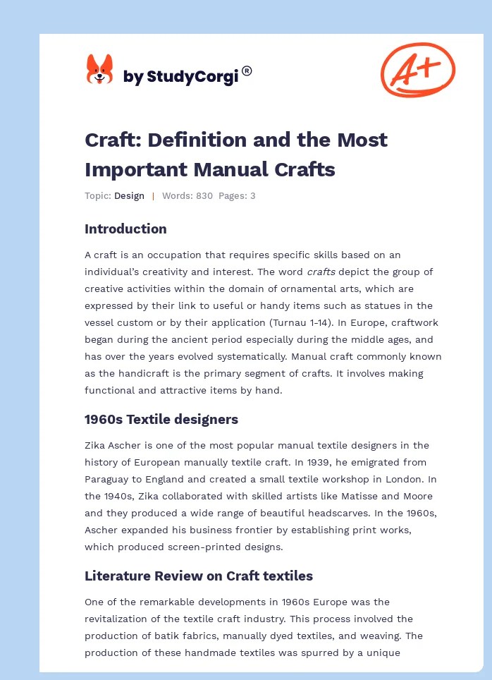 Craft Definition and the Most Important Manual Crafts Free Essay Example