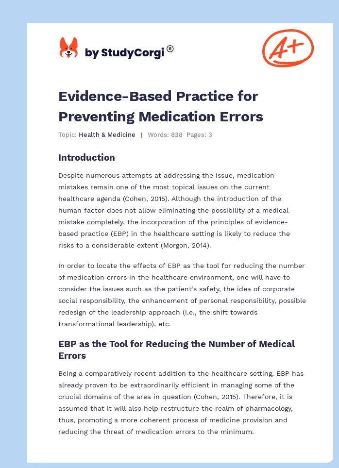 EvidenceBased Practice for Preventing Medication Errors Free Essay Example