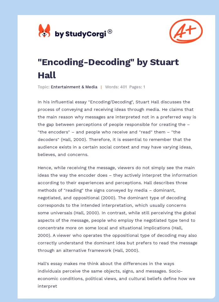 "EncodingDecoding" by Stuart Hall Free Essay Example