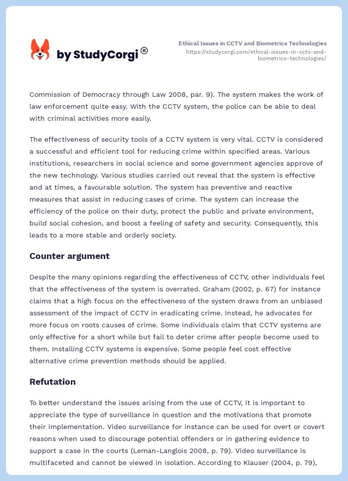 Ethical Issues in CCTV and Biometrics Technologies Free Essay Example