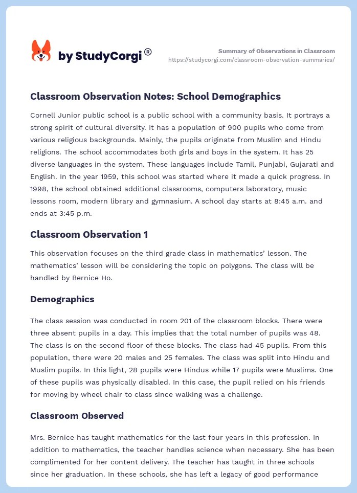 My Classroom Observation Experience Sample Summary of Observations