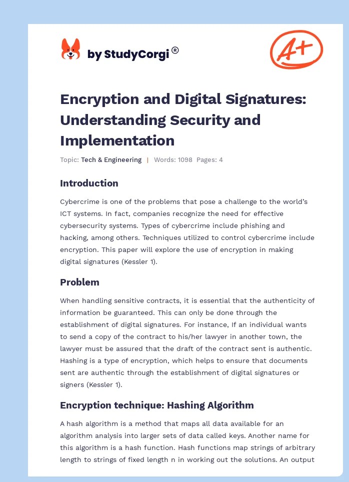 Use of Encryption in Making Digital Signatures Free Essay Example