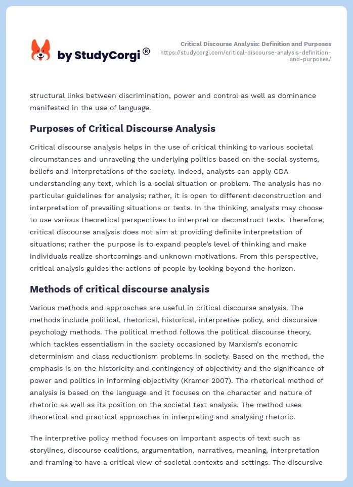 Critical Discourse Analysis Definition and Purposes Free Essay Example
